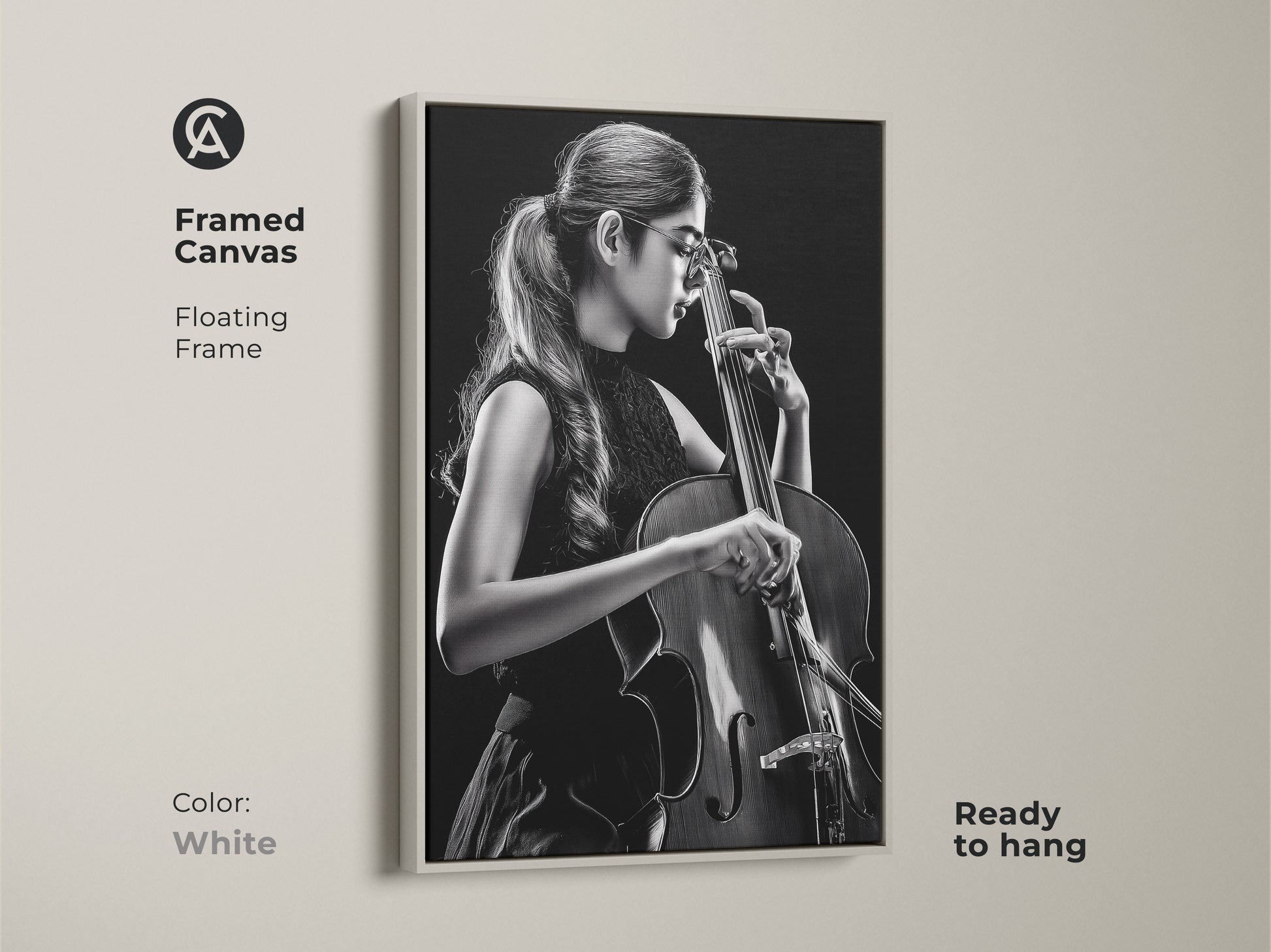Framed canvas features a cellist. The artwork presents a floating frame in white. Ready to hang this contemporary piece offers a clean modern look. This musician wall art is perfect for minimalist spaces and music lovers.