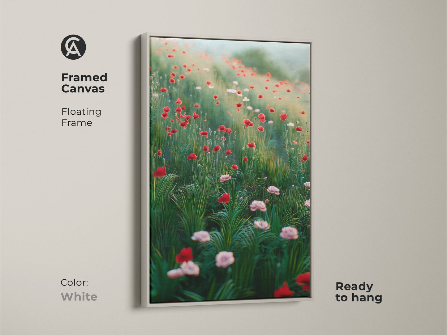 Framed canvas with a white floating frame showcasing vibrant red poppies. This boho floral wall art complements any space. It's an impressionistic wildflower canvas. Ready to hang. A romantic wall art piece.