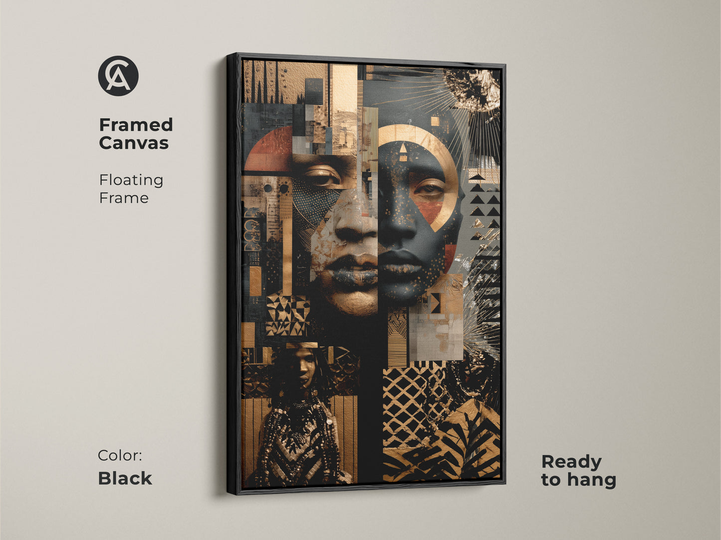 Framed canvas with a floating frame displays an Afrofuturist face. This abstract portrait wall art is gold and black. Ready to hang mixed media African art. Color is black.