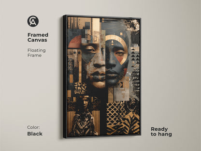 Framed canvas with a floating frame displays an Afrofuturist face. This abstract portrait wall art is gold and black. Ready to hang mixed media African art. Color is black.
