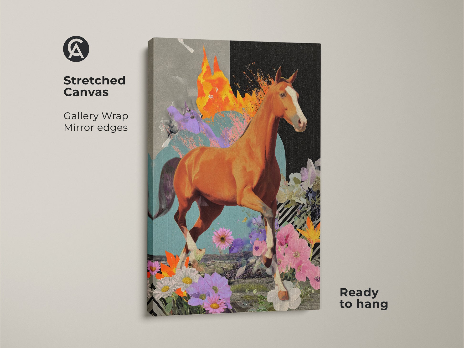 A stretched canvas showcases a surreal horse print with floral elements. This eclectic collage wall art features a dynamic horse and abstract textures. The gallery wrap with mirrored edges makes it ready to hang. The orange brown and teal tones create a captivating piece. This mixed media horse print is a unique wall art.