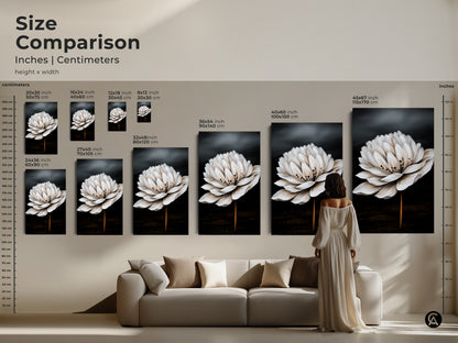 Size comparison of realistic white flower art. See how canvas prints enhance your living room. Botanical artwork in various sizes. Find the perfect scale for your contemporary decor.