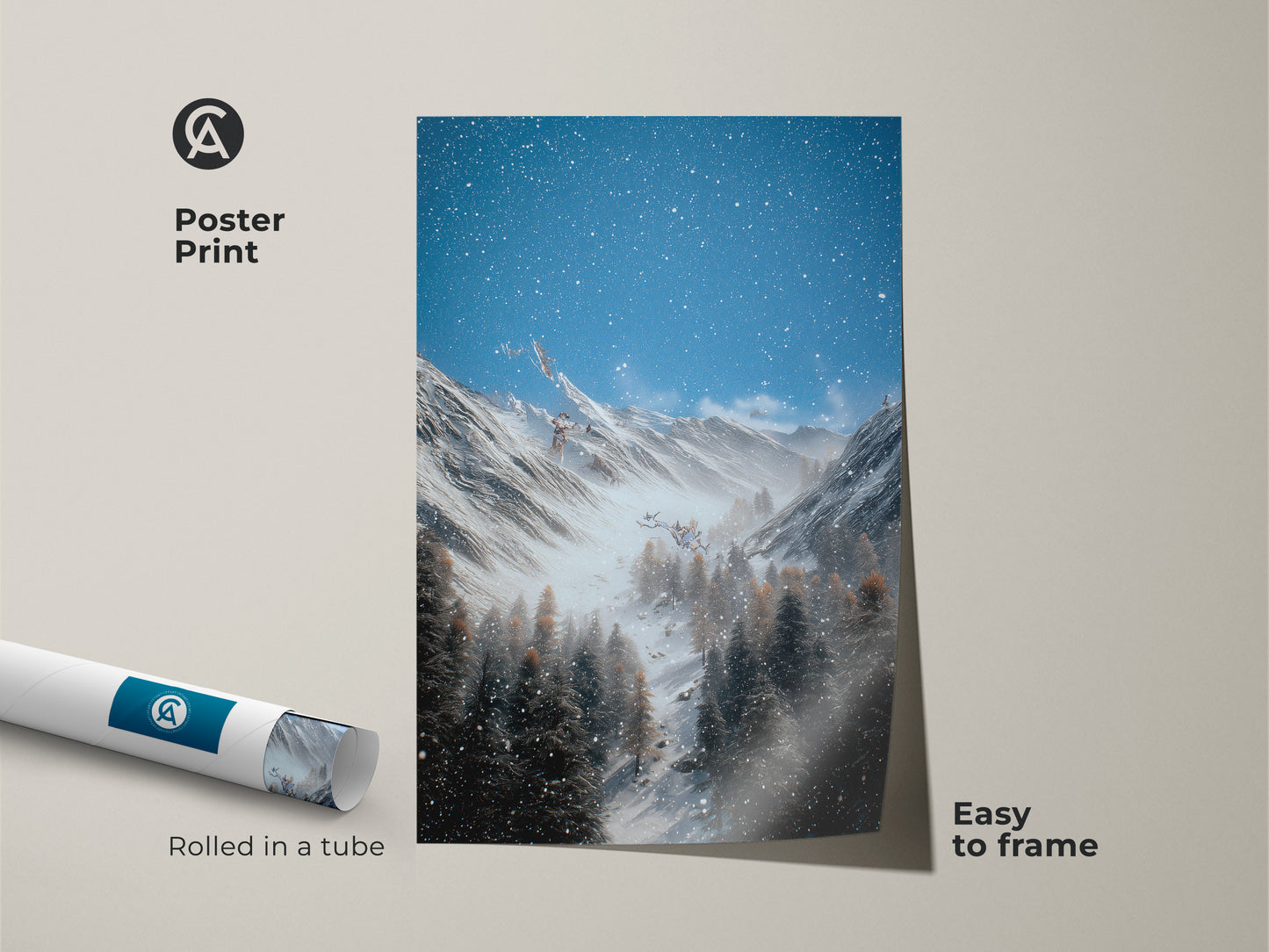 A poster print of a winter mountain canvas. It shows snow covered pines and a blue starry sky. This rustic landscape wall art is easy to frame. The blue gray nature decor brings a serene winter scene to any room. The rolled poster is a great gift for outdoor enthusiasts.