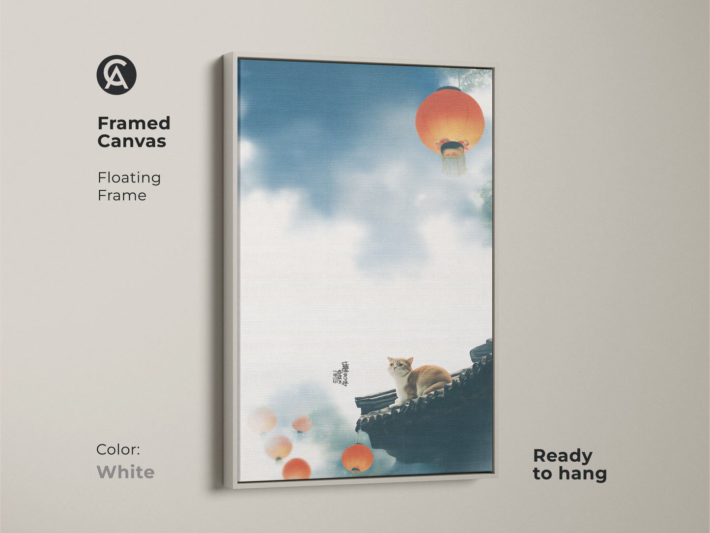 Framed canvas art print featuring a cat on a rooftop. This floating frame is white. The traditional Asian cat art includes orange lanterns and a blue sky. Ready to hang this piece adds an eclectic touch to any room. Perfect as a housewarming gift for cat lovers this is cozy bedroom wall decor.