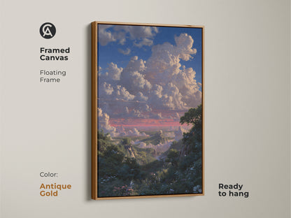 Antique gold framed canvas featuring a luminism landscape. This blue green nature wall art is ready to hang. The romantic sky art print is ideal for serene sky canvas print.