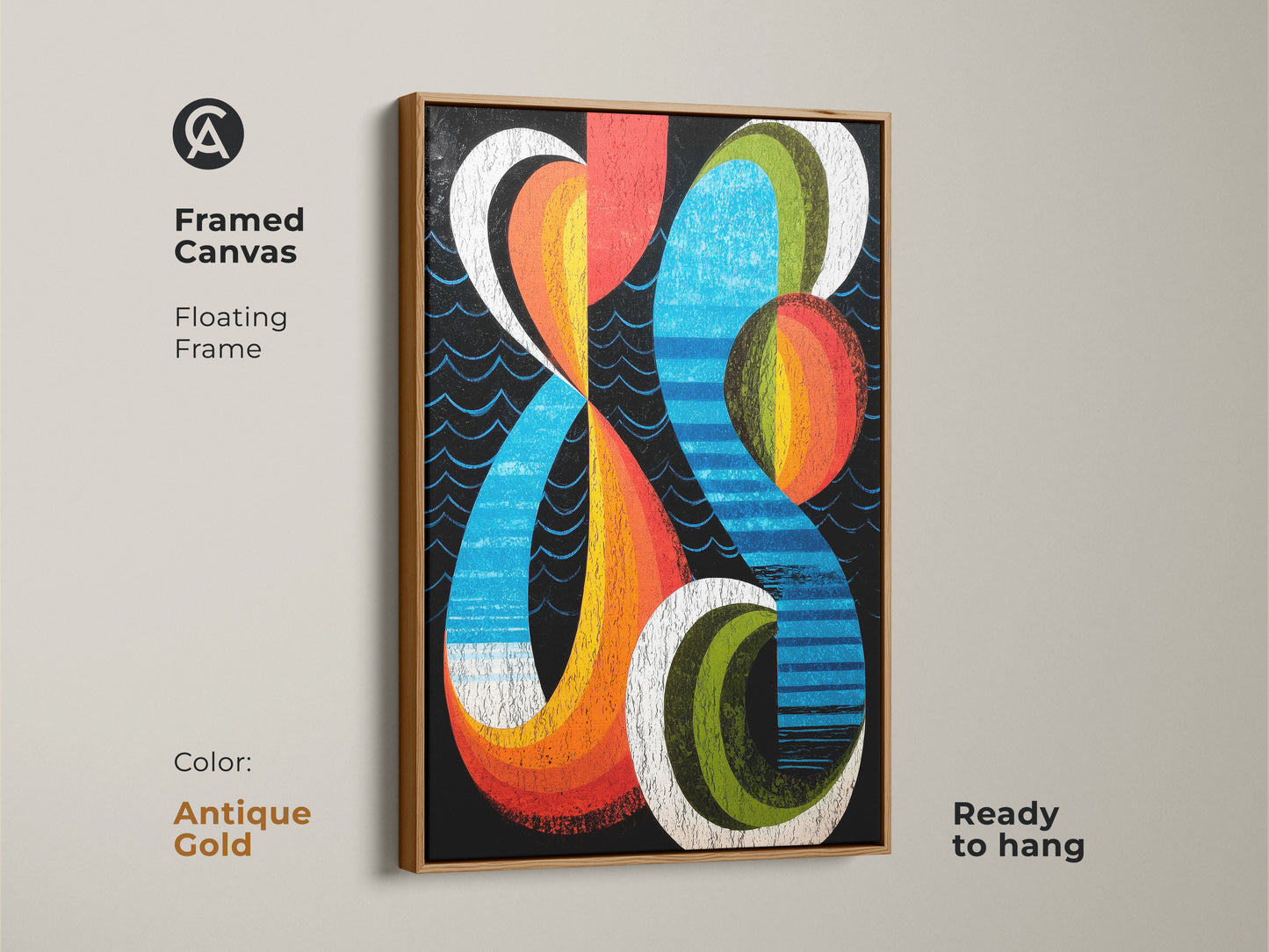 Geometric abstract canvas displayed with an antique gold floating frame. The mid-century modern artwork uses retro orange blue and red. Ready to hang and transforms any office or home. A vibrant and eclectic wall decor choice for those who appreciate abstract style.