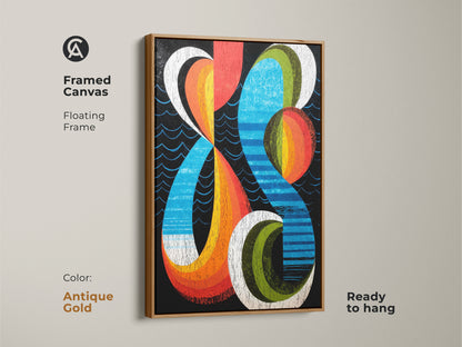 Geometric abstract canvas displayed with an antique gold floating frame. The mid-century modern artwork uses retro orange blue and red. Ready to hang and transforms any office or home. A vibrant and eclectic wall decor choice for those who appreciate abstract style.