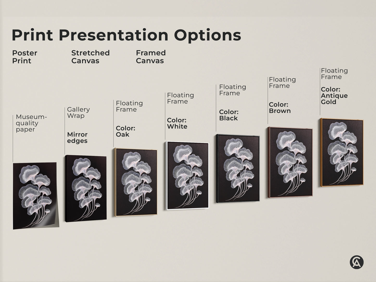 Print presentation options for minimalist botanical artwork. See poster print stretched canvas and framed canvas options. The abstract ginkgo leaf is featured. Frame colors include black brown antique gold oak and white. Shop now.