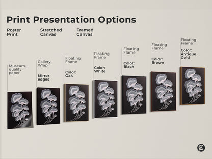 Print presentation options for minimalist botanical artwork. See poster print stretched canvas and framed canvas options. The abstract ginkgo leaf is featured. Frame colors include black brown antique gold oak and white. Shop now.