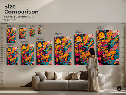 Size comparison of abstract eye artwork. Inches | Centimeters. See how the art scales from 8x12 inches to 45x67 inches. This artwork will fit perfectly above your sofa. Visualize the artwork's impact in your living room.