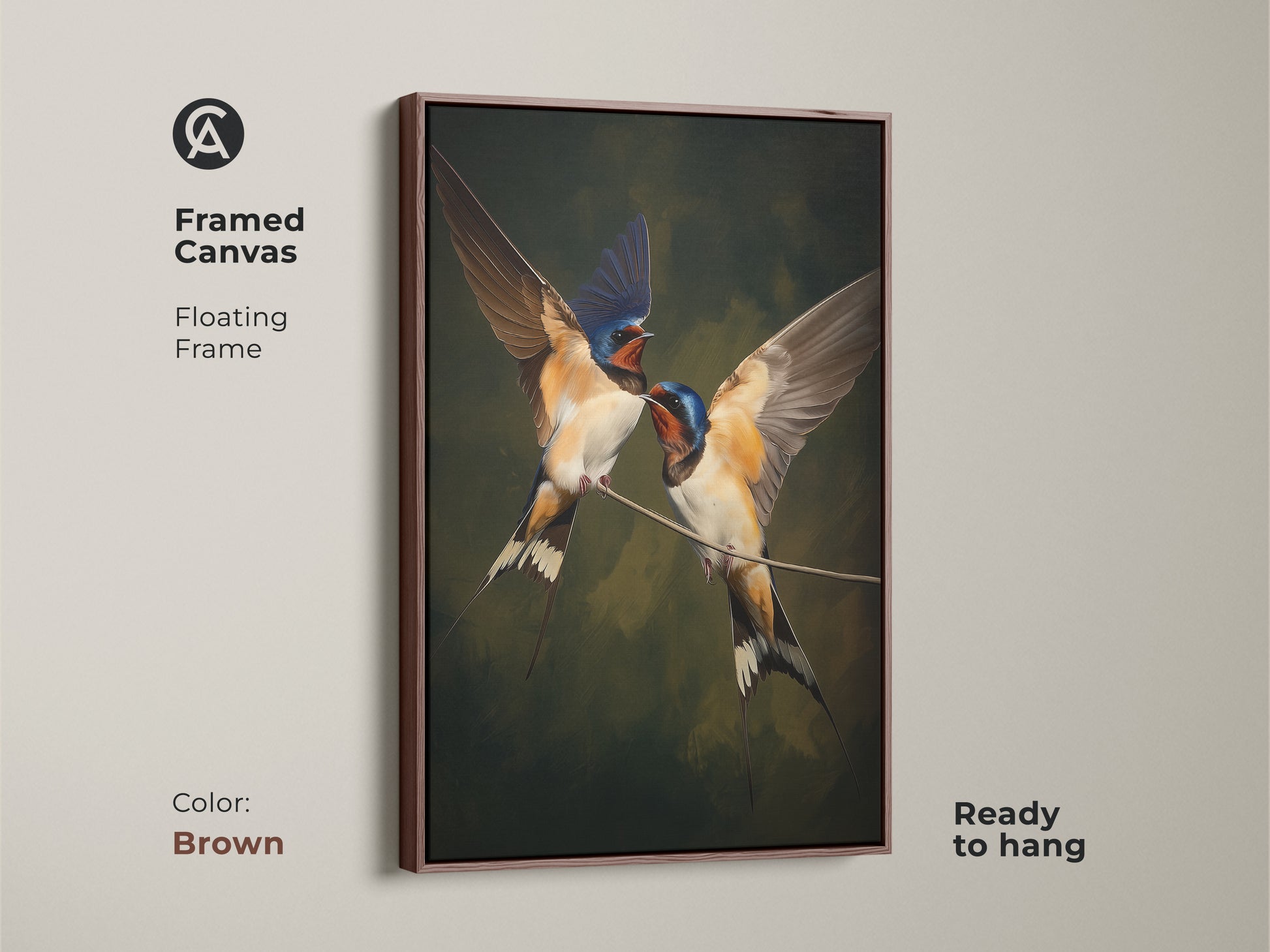 Framed canvas in brown featuring realistic swallow bird art with a floating frame. Classical nature wall decor in brown blue and green tones. Traditional home decor gift for wildlife art lovers. This animal art print is ready to hang as ornithology wall art. Ideal housewarming gift art for bird enthusiasts. Elegant wildlife decor for your home.