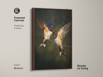 Framed canvas in brown featuring realistic swallow bird art with a floating frame. Classical nature wall decor in brown blue and green tones. Traditional home decor gift for wildlife art lovers. This animal art print is ready to hang as ornithology wall art. Ideal housewarming gift art for bird enthusiasts. Elegant wildlife decor for your home.