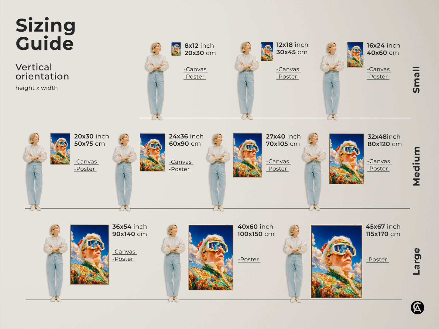 Sizing guide for vertical art featuring a man in goggles and a suit. Sizes range from small to large. Available in canvas and poster formats. Find the perfect size to complement your space. Discover art that fits your style and needs.