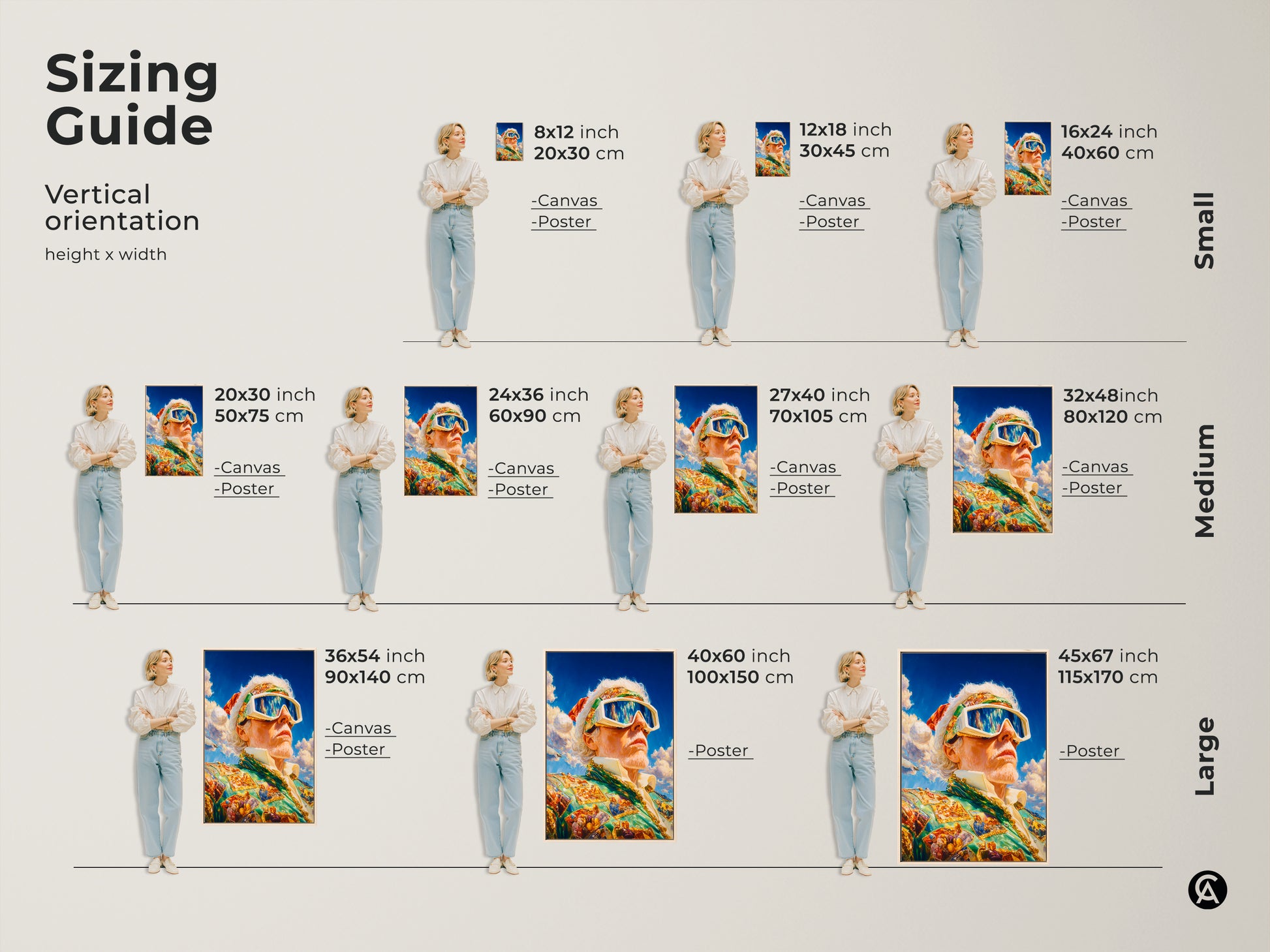 Sizing guide for vertical art featuring a man in goggles and a suit. Sizes range from small to large. Available in canvas and poster formats. Find the perfect size to complement your space. Discover art that fits your style and needs.