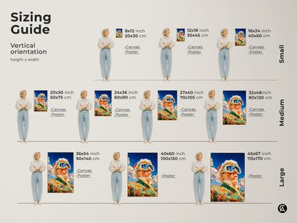 Sizing guide for vertical art featuring a man in goggles and a suit. Sizes range from small to large. Available in canvas and poster formats. Find the perfect size to complement your space. Discover art that fits your style and needs.