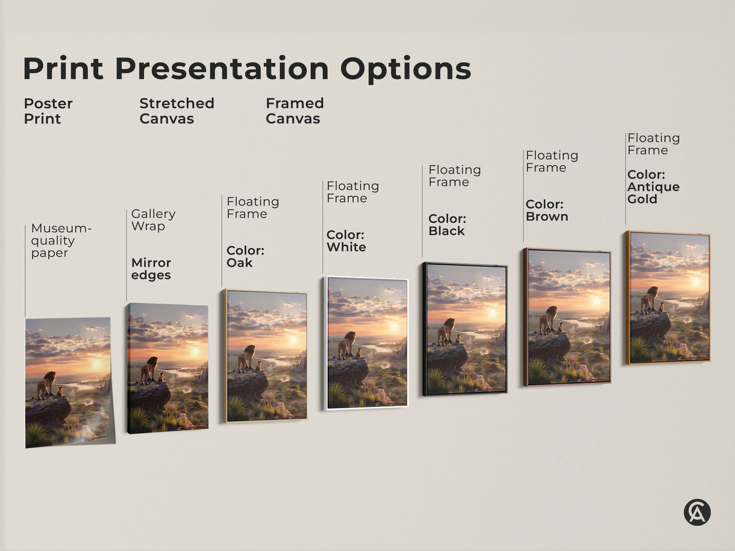 Explore print presentation options for lion and cub artwork. Choose from poster prints stretched canvas or framed canvas. Discover gallery wrap mirror edges and floating frames. Enhance your home with museum quality paper and various frame colors. Find the perfect style for your wildlife art.