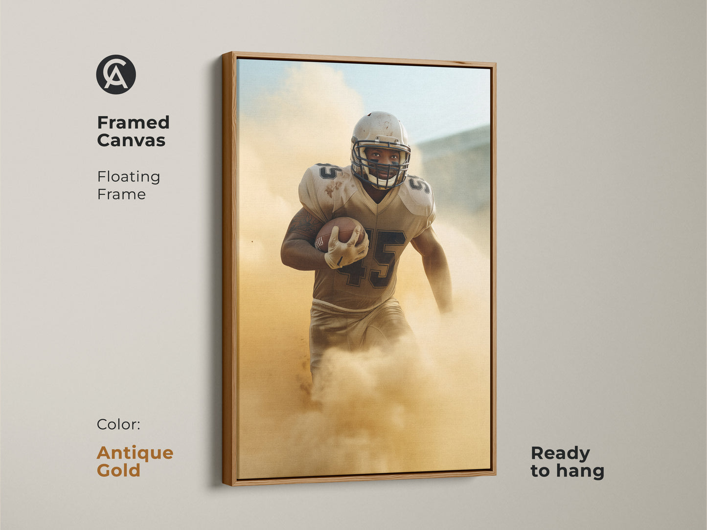 Framed in antique gold this canvas art highlights a football player in action. The floating frame adds sophistication to this modern sports art. Ready to hang it is a striking piece for contemporary homes and sports-themed spaces.