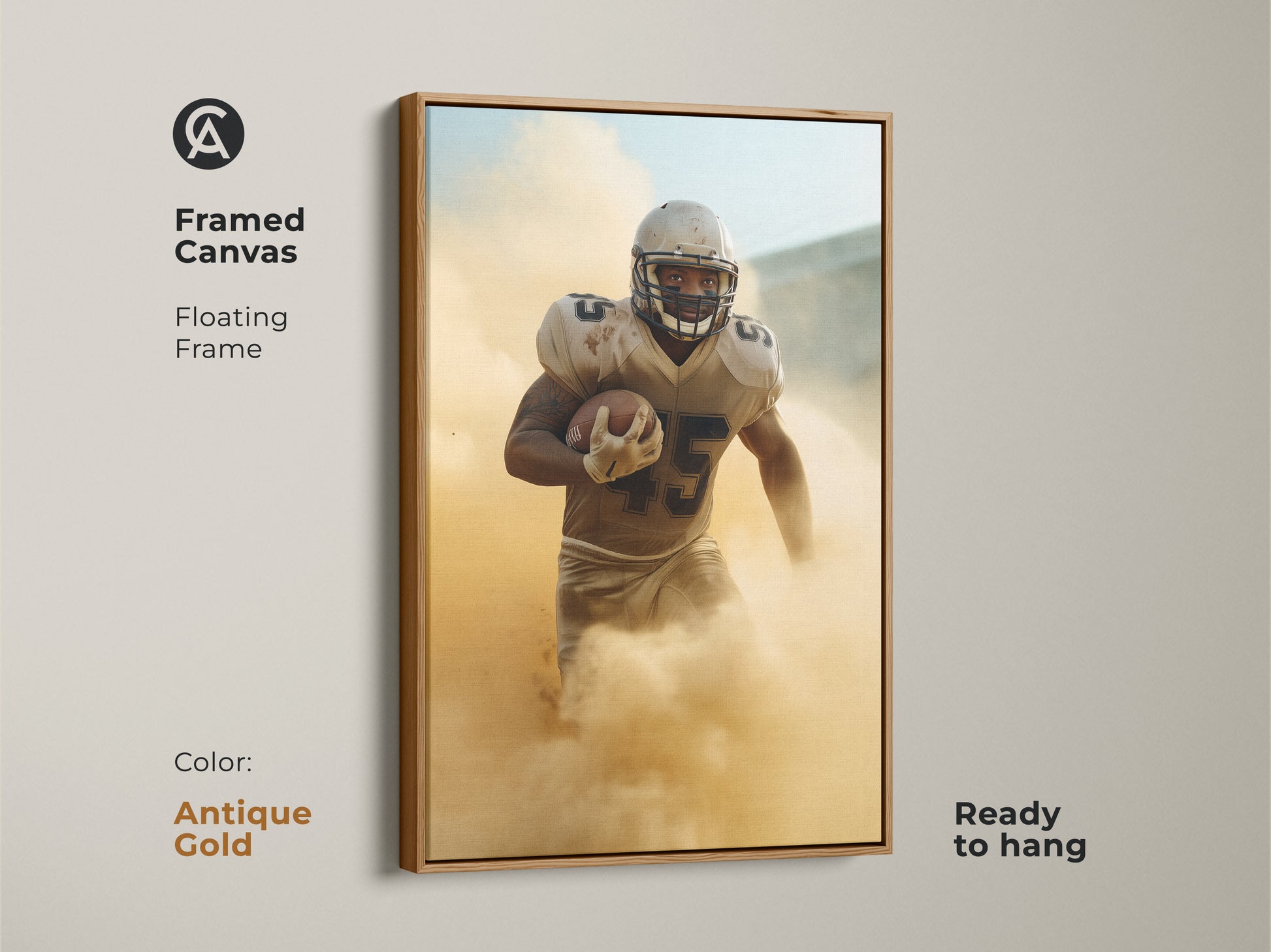 Framed in antique gold this canvas art highlights a football player in action. The floating frame adds sophistication to this modern sports art. Ready to hang it is a striking piece for contemporary homes and sports-themed spaces.