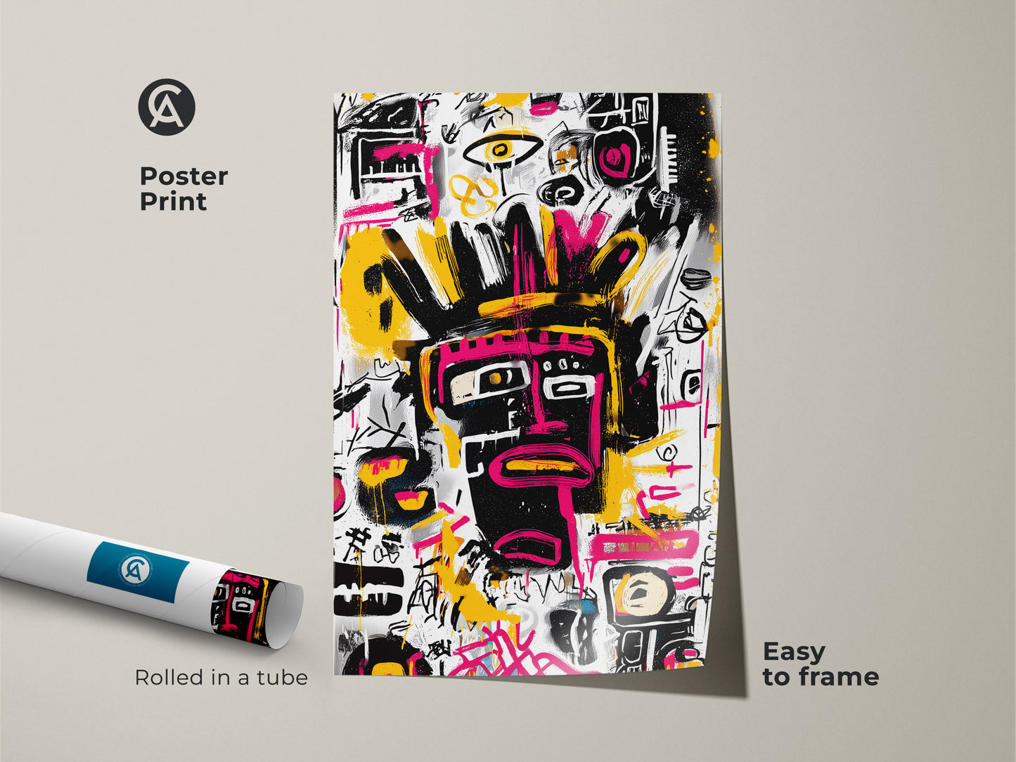 Poster print of an abstract face artwork. The art features a black face with pink and yellow accents. This print is rolled in a tube for easy framing. A modern art piece perfect for adding a creative touch.