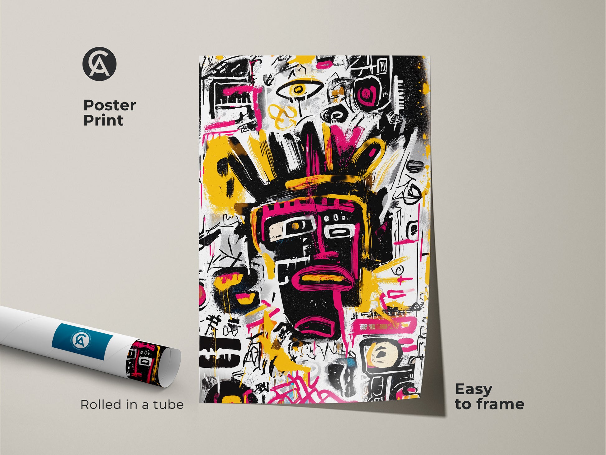 Poster print of an abstract face artwork. The art features a black face with pink and yellow accents. This print is rolled in a tube for easy framing. A modern art piece perfect for adding a creative touch.