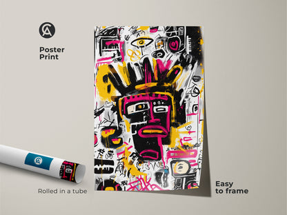 Poster print of an abstract face artwork. The art features a black face with pink and yellow accents. This print is rolled in a tube for easy framing. A modern art piece perfect for adding a creative touch.