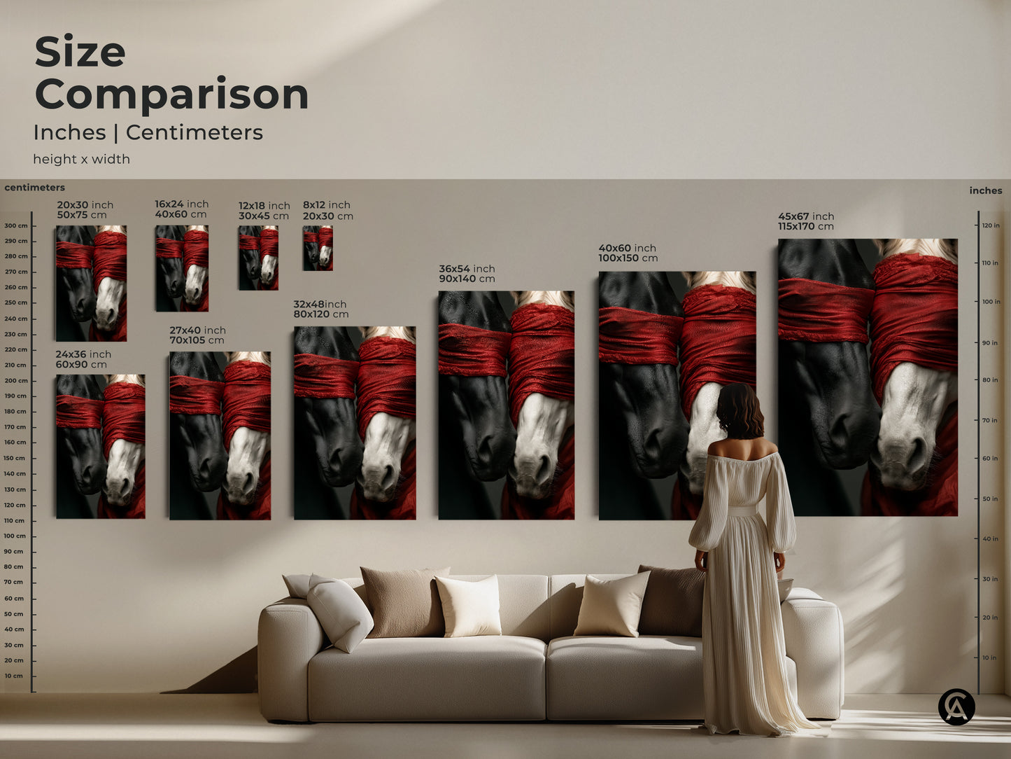 Size comparison of surreal horse art prints and canvases. See how different sizes look in a living room setting. Find the ideal scale for your modern horse art. Bring symbolic horse artwork to your home today.