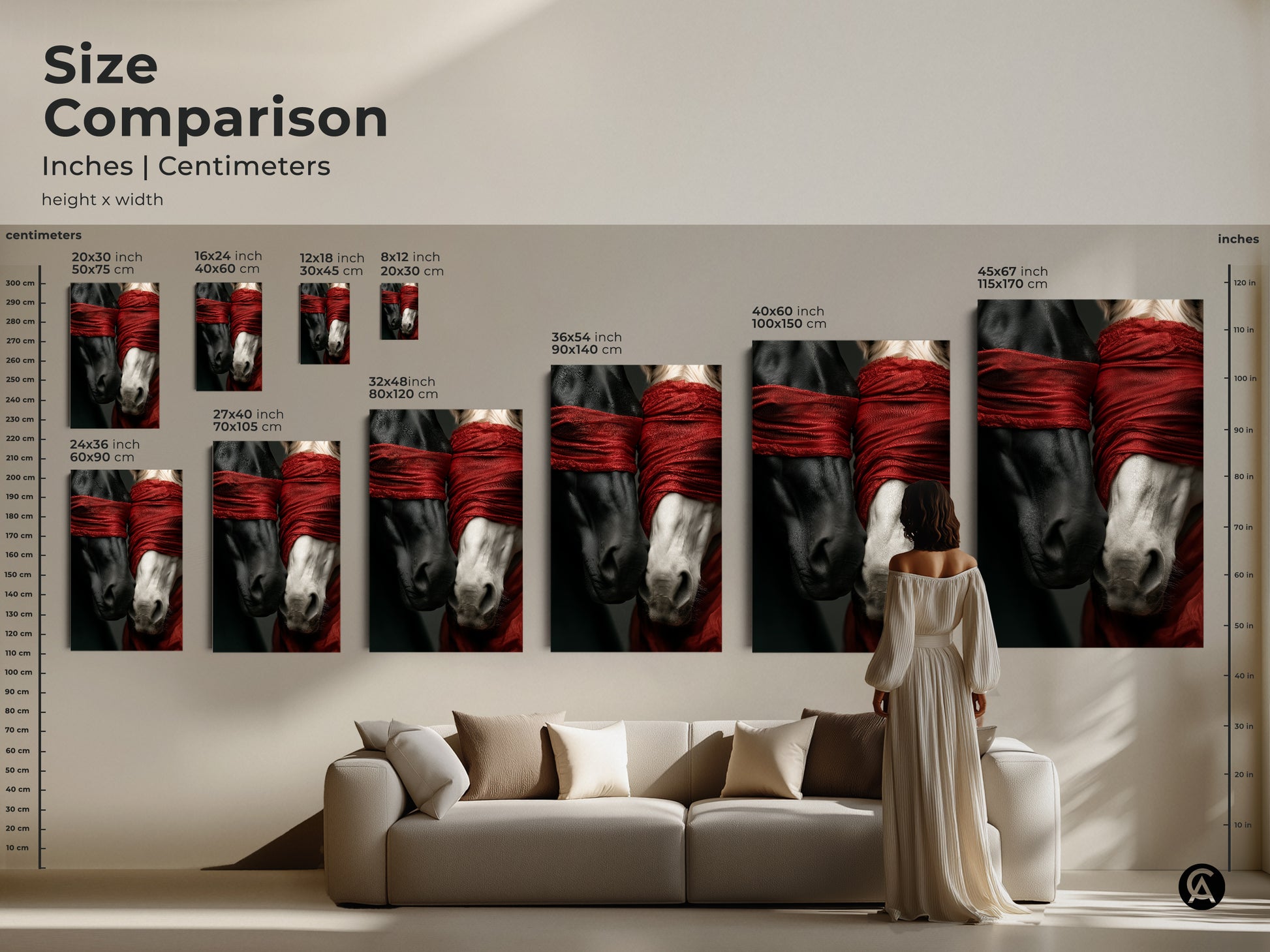 Size comparison of surreal horse art prints and canvases. See how different sizes look in a living room setting. Find the ideal scale for your modern horse art. Bring symbolic horse artwork to your home today.