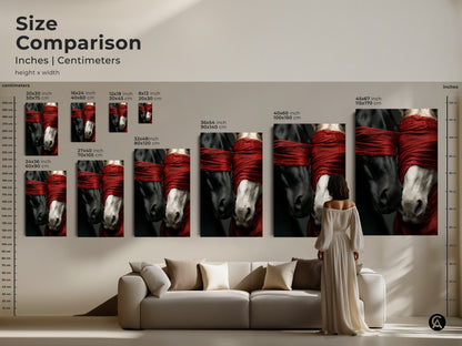 Size comparison of surreal horse art prints and canvases. See how different sizes look in a living room setting. Find the ideal scale for your modern horse art. Bring symbolic horse artwork to your home today.