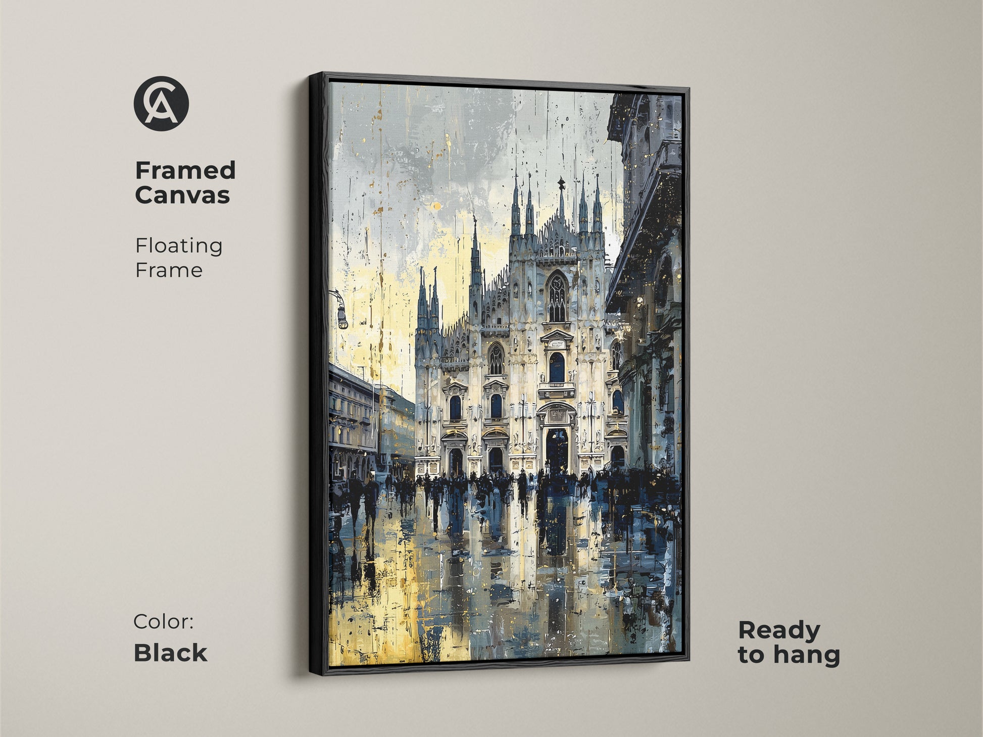 Framed Canvas in black showcasing Milan Cathedral. The floating frame adds depth. Ready to hang for easy display. Urban street scene print brings contemporary art to your walls. Blue yellow and gray tones create a modern feel.