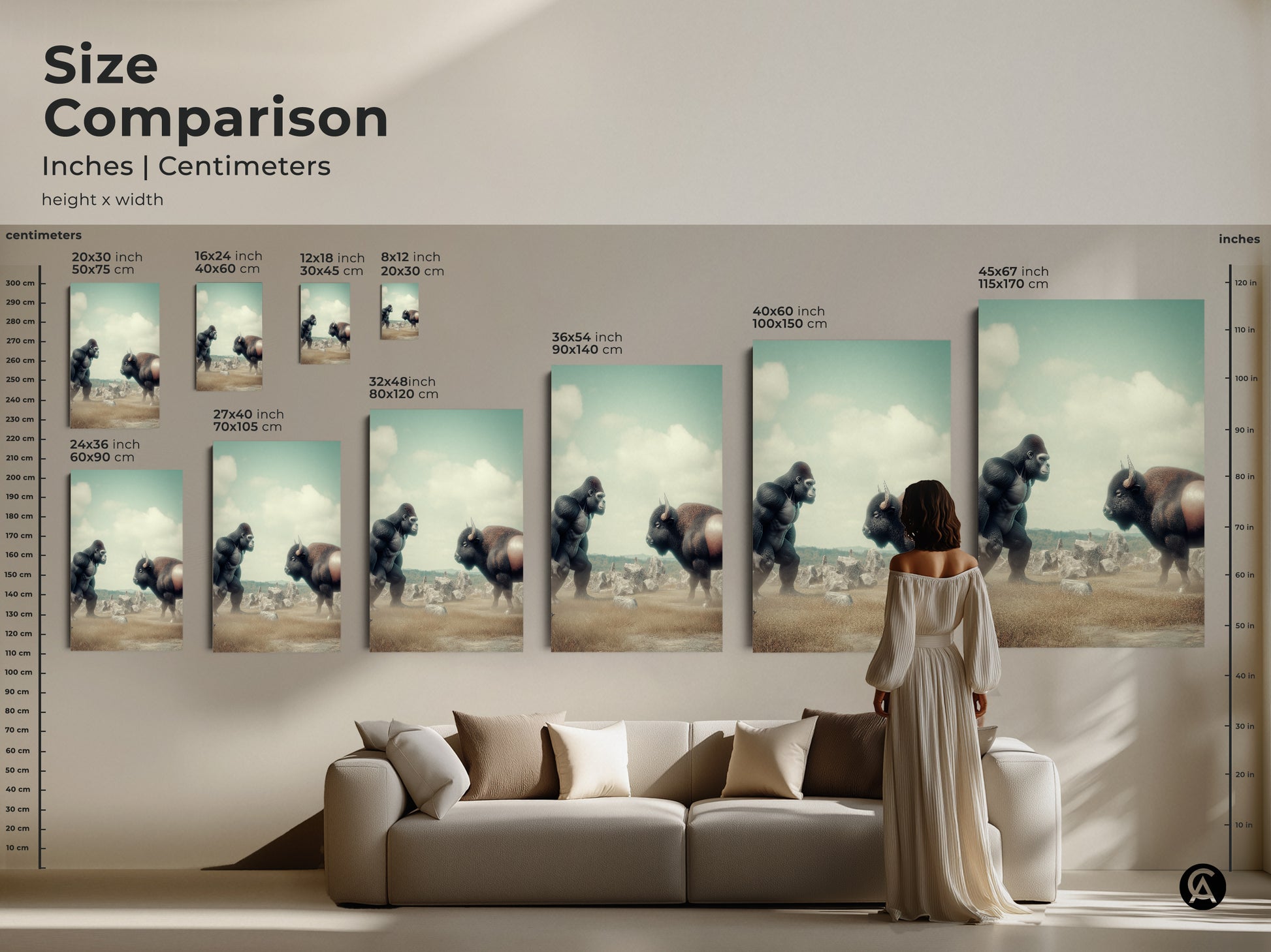 Size comparison of the surreal Gorilla vs Bison digital art print. See how different sizes fit above a sofa. The artwork features muted greens and earthy tones. Perfect for adding character to your living space. Eclectic home decor.