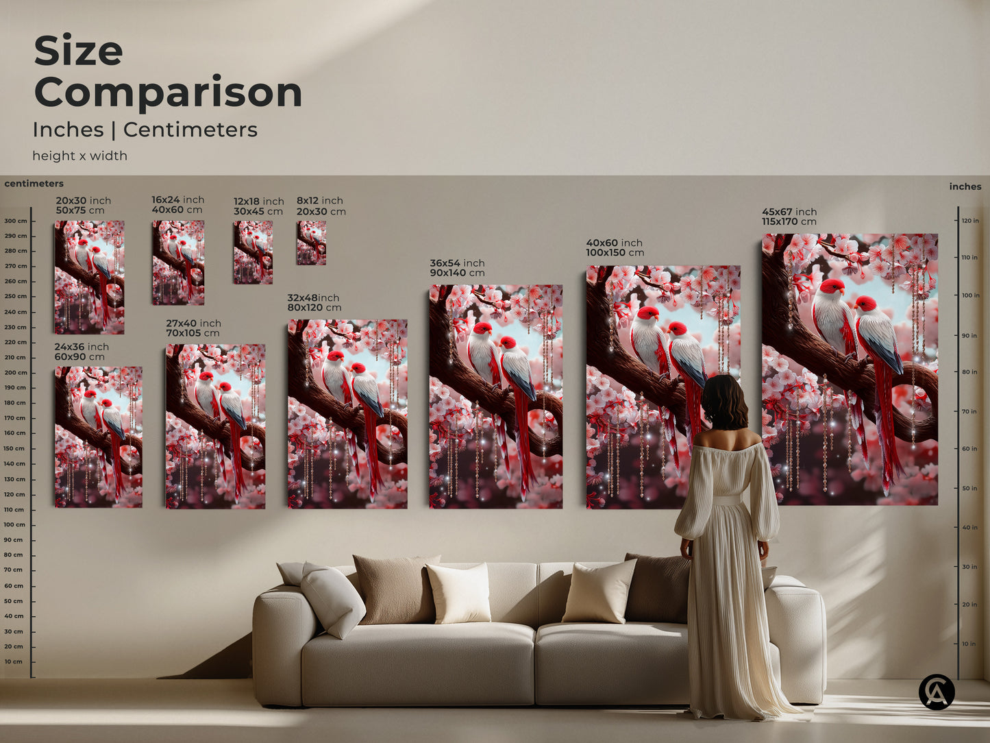 Size comparison showcases cherry blossom lovebird artwork in various dimensions. Visualize different sizes for your space. This red floral home decor adds romance. See how this botanical bird artwork transforms any room.
