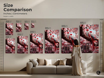Size comparison showcases cherry blossom lovebird artwork in various dimensions. Visualize different sizes for your space. This red floral home decor adds romance. See how this botanical bird artwork transforms any room.