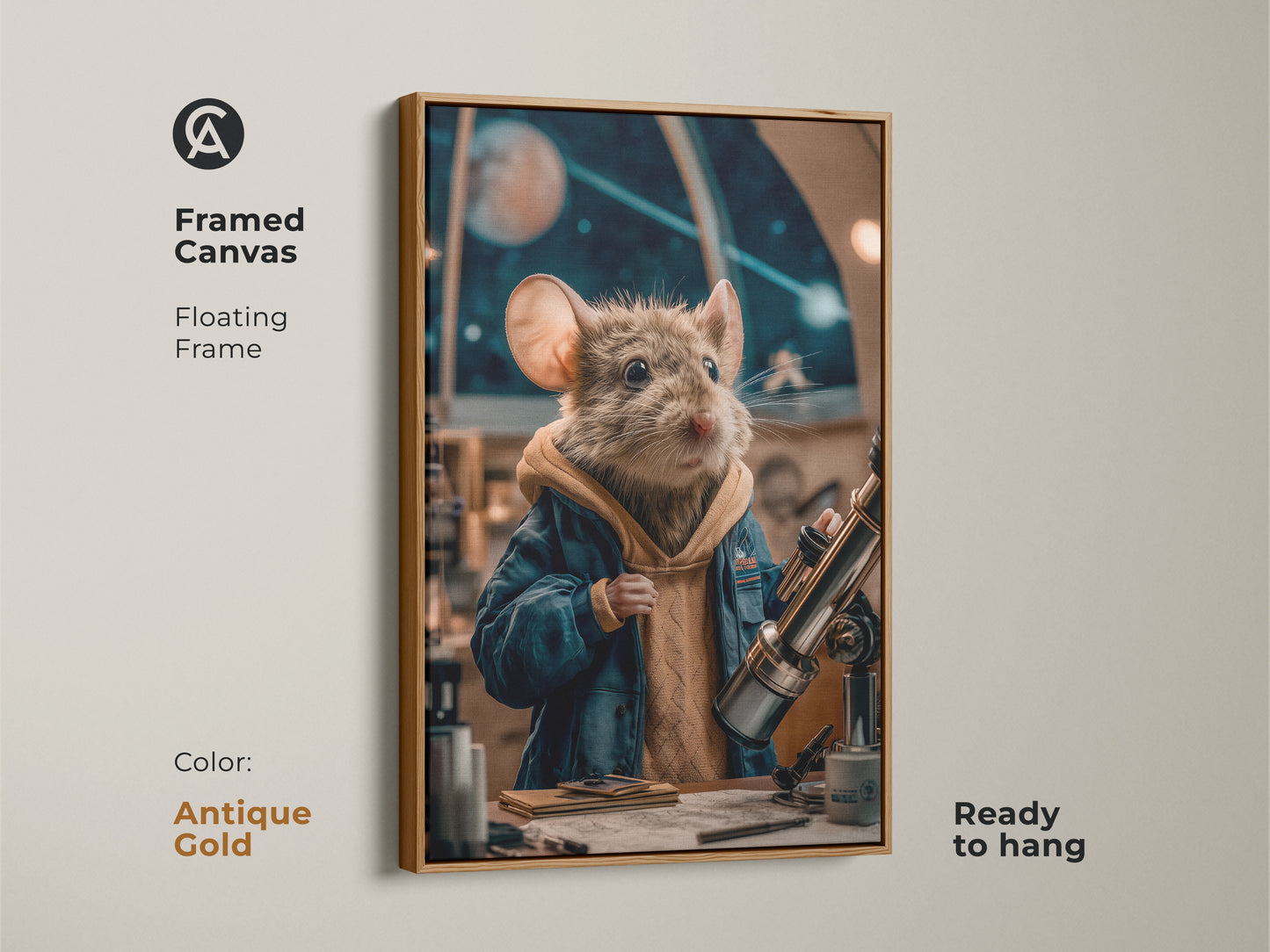 The framed canvas is antique gold with a mouse astronomer. It is ready to hang and makes an excellent birthday gift idea. The mouse is looking through telescope as a whimsical art print. This teal blue wall decor suits many spaces.