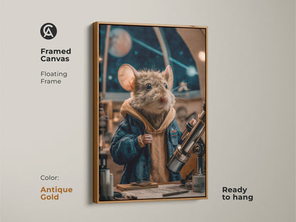 The framed canvas is antique gold with a mouse astronomer. It is ready to hang and makes an excellent birthday gift idea. The mouse is looking through telescope as a whimsical art print. This teal blue wall decor suits many spaces.