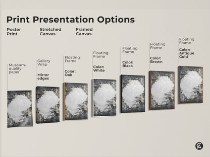 Explore print presentation options for textured abstract canvas art. Choose from poster prints stretched canvas or framed canvas. Each option highlights the charcoal grey and gold brushstrokes. Find the perfect contemporary home decor to match your style. Elevate your space with sophisticated wall art.