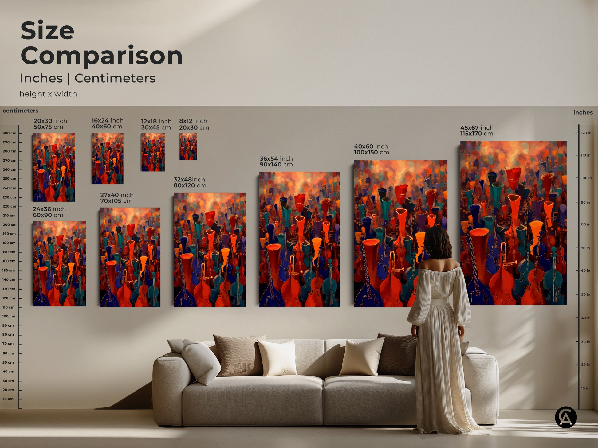 Size comparison of the abstract music wall art. The violin cello canvas print ranges in size. Find the perfect fit for your space. Orchestra artwork to transform any room