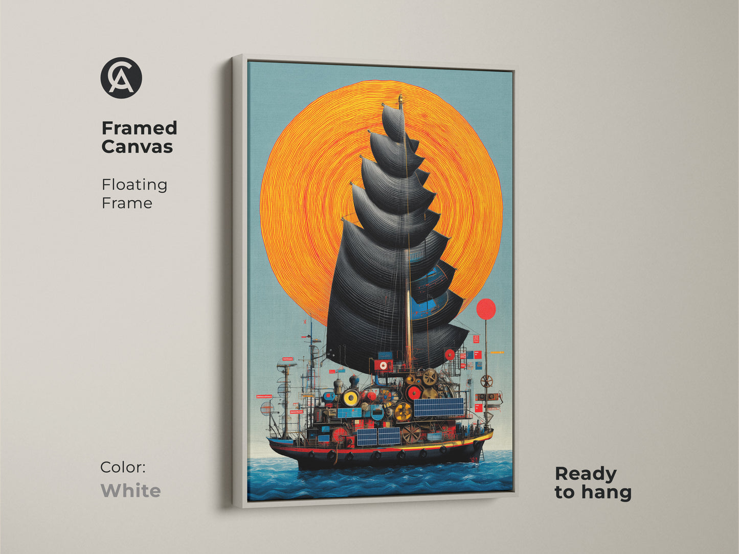 A framed canvas in white featuring steampunk ship artwork. The fantasy nautical print showcases a junk ship art with a vibrant orange sun. Ready to hang and add a unique element to any room.