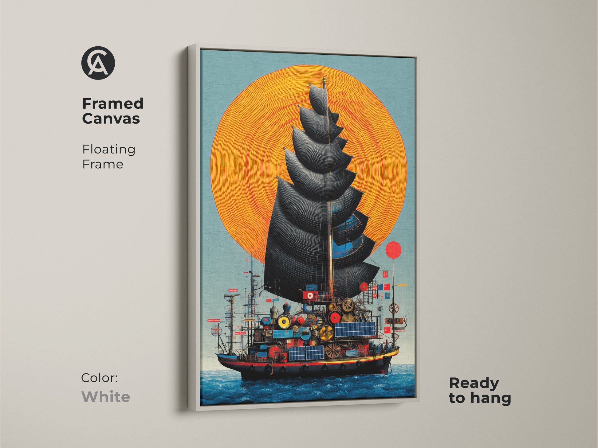 A framed canvas in white featuring steampunk ship artwork. The fantasy nautical print showcases a junk ship art with a vibrant orange sun. Ready to hang and add a unique element to any room.
