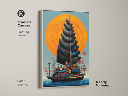 A framed canvas in white featuring steampunk ship artwork. The fantasy nautical print showcases a junk ship art with a vibrant orange sun. Ready to hang and add a unique element to any room.