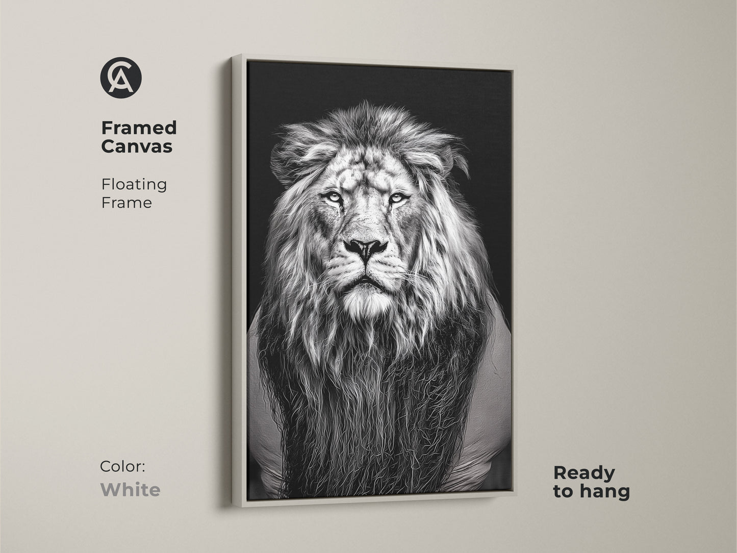 A framed canvas with a floating frame showcases a photorealistic lion. A white framed monochrome wildlife art is ready to hang. The animal face wall decor is perfect for modern interiors. Its a thoughtful gift for any animal lover. This powerful beast art brings a touch of the animal kingdom to your space.