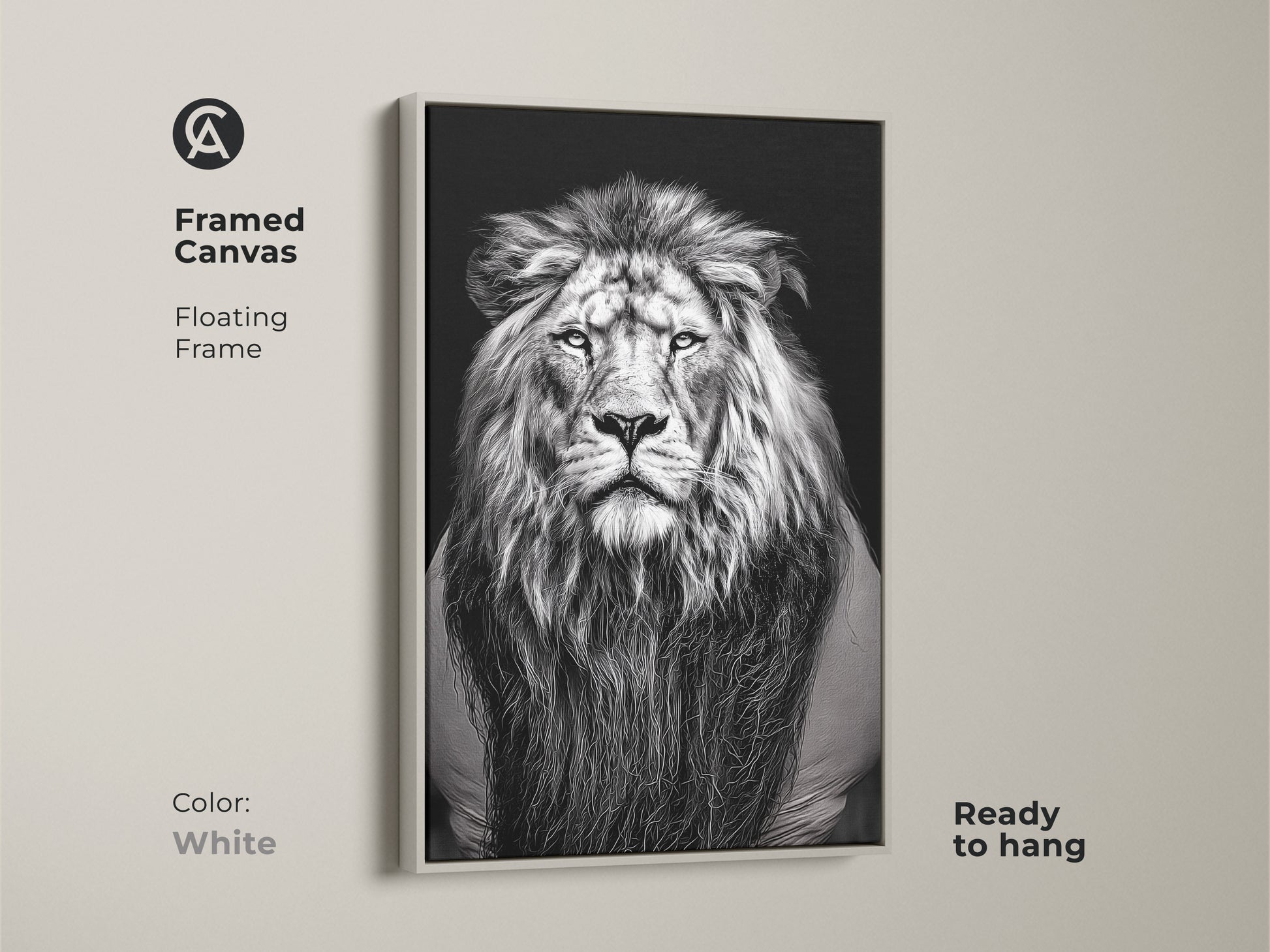 A framed canvas with a floating frame showcases a photorealistic lion. A white framed monochrome wildlife art is ready to hang. The animal face wall decor is perfect for modern interiors. Its a thoughtful gift for any animal lover. This powerful beast art brings a touch of the animal kingdom to your space.