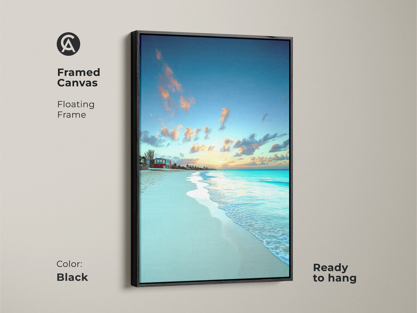 Framed canvas features a floating frame around tropical artwork. Black frame complements the sky blue and golden yellow sunset. Ready to hang as bedroom wall decor beach style.