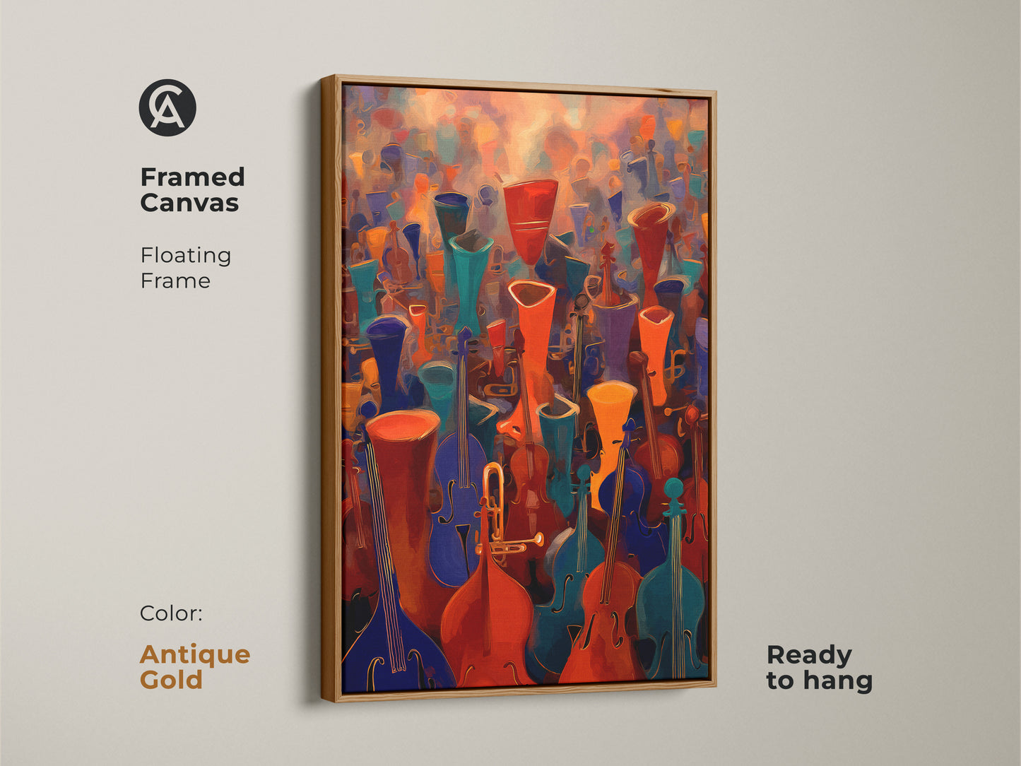 Framed Canvas featuring abstract music wall art. The antique gold floating frame enhances the violin cello canvas print. Orchestra artwork with red orange teal art. A gift for an orchestra musician