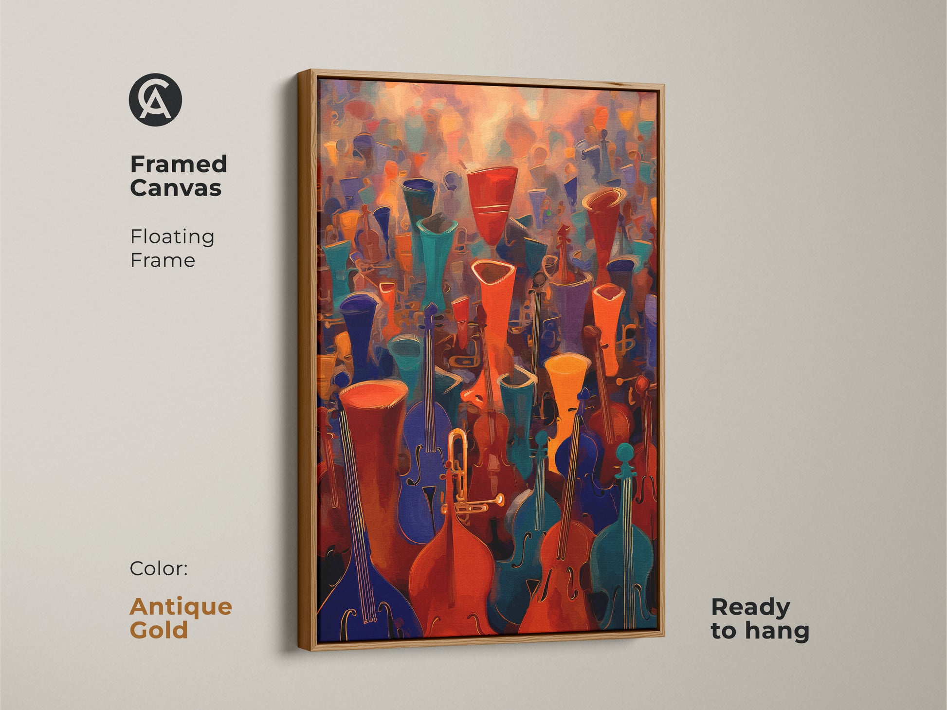 Framed Canvas featuring abstract music wall art. The antique gold floating frame enhances the violin cello canvas print. Orchestra artwork with red orange teal art. A gift for an orchestra musician