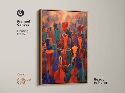 Framed Canvas featuring abstract music wall art. The antique gold floating frame enhances the violin cello canvas print. Orchestra artwork with red orange teal art. A gift for an orchestra musician