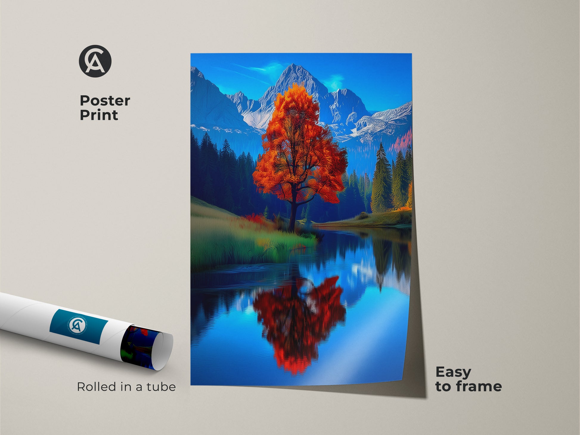 Poster print of a fall landscape featuring an orange autumn tree. The artwork captures a mountain lake landscape. This contemporary nature wall art showcases an impressionistic autumn scene. Rolled in a tube for easy framing. Perfect as home office nature print to bring the beauty of the outdoors inside. A stunning scenic mountain view art print.