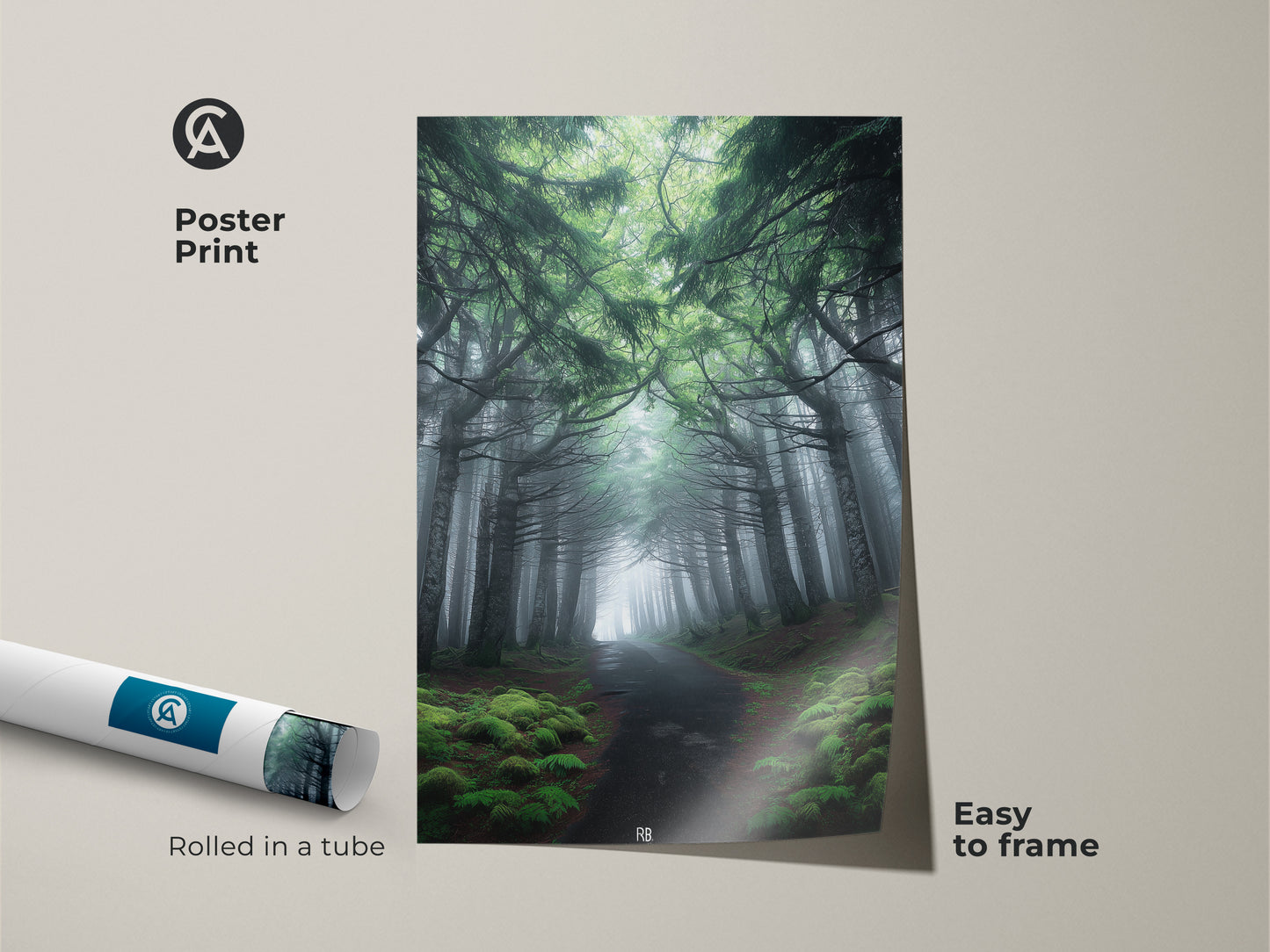 Poster print of a misty forest path. Emerald green pine trees create a natural scene. This rustic woodland wall decor is easy to frame. It's a great housewarming gift for nature lovers. The natural forest scene adds depth to any room. Rolled in a tube for protection.