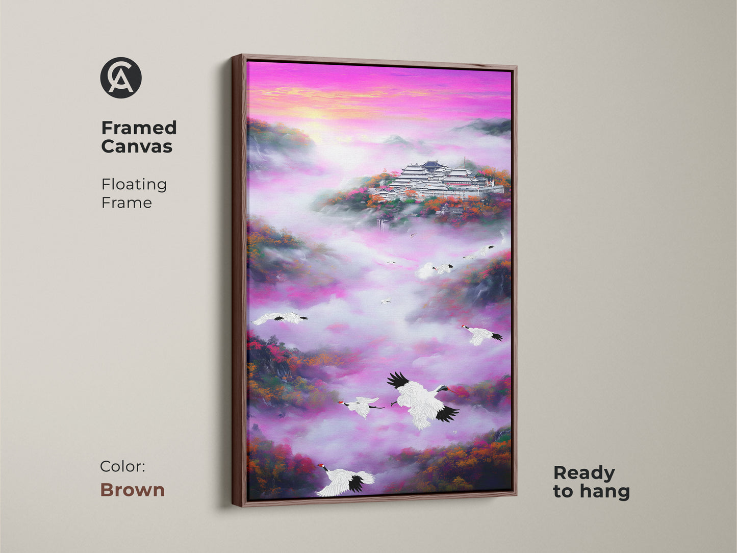 Framed canvas of a serene crane painting. This artwork shows a pagoda art print in a floating frame. This Asian-inspired decor is perfect for adding a vibrant purple touch to your home. Ready to hang this piece brings traditional nature scenery to any room with its unique and spiritual ambiance. Frame color is brown.