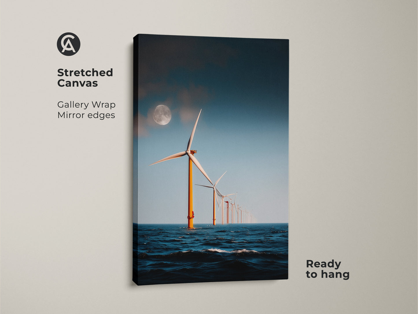 Stretched Canvas of Moonlit Ocean Wind Turbine Art. Gallery wrapped with mirror edges this modern minimalist seascape showcases offshore wind turbines under a moonlit sky. Ready to hang this industrial landscape wall decor is an eco-friendly home gift.