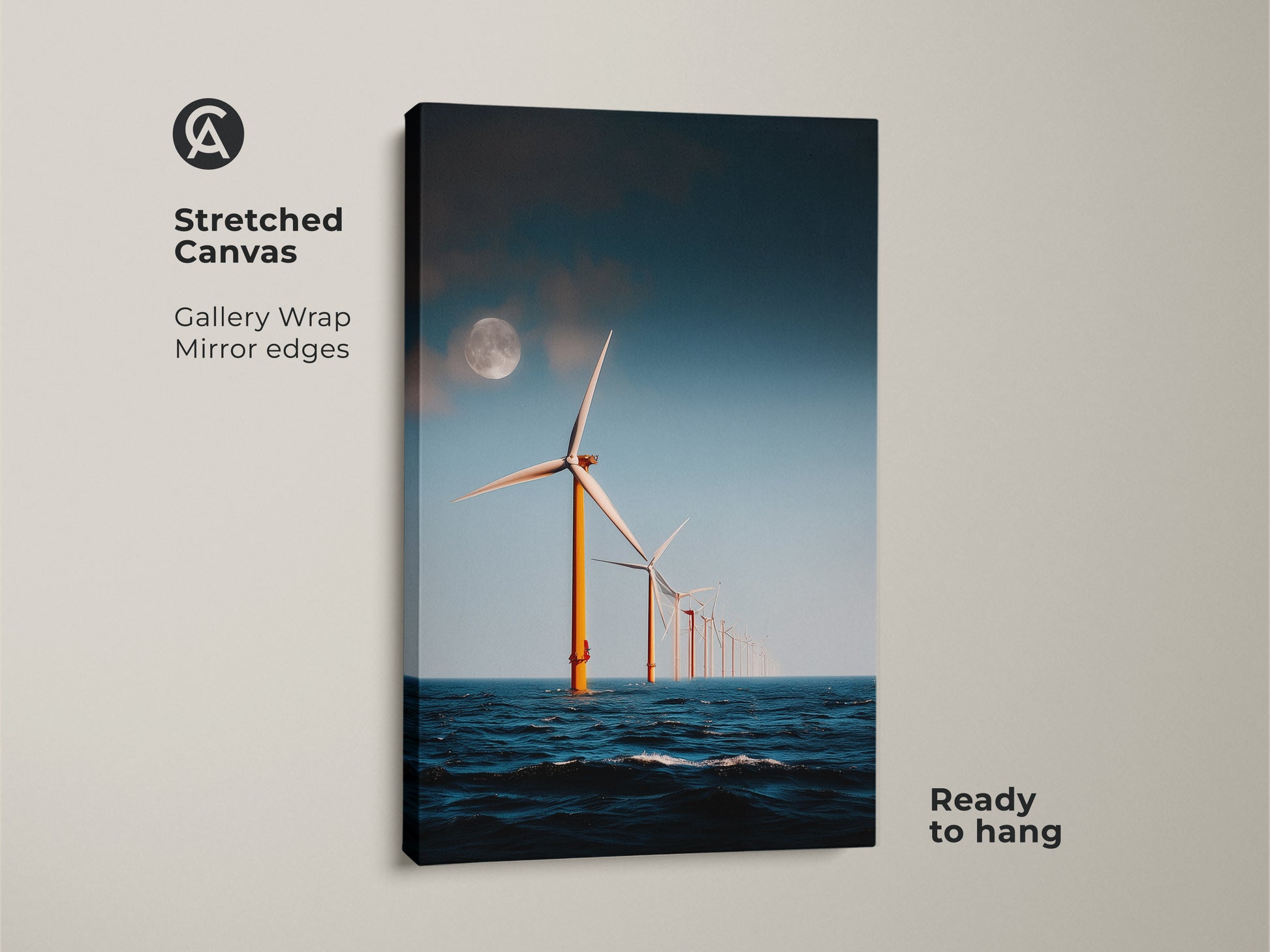 Stretched Canvas of Moonlit Ocean Wind Turbine Art. Gallery wrapped with mirror edges this modern minimalist seascape showcases offshore wind turbines under a moonlit sky. Ready to hang this industrial landscape wall decor is an eco-friendly home gift.